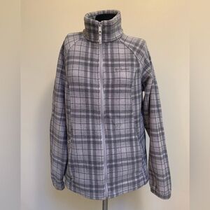 Columbia Full Zip Fleece-Gray Plaid-Zip Close Pockets-Mock Neck-Warm-Large